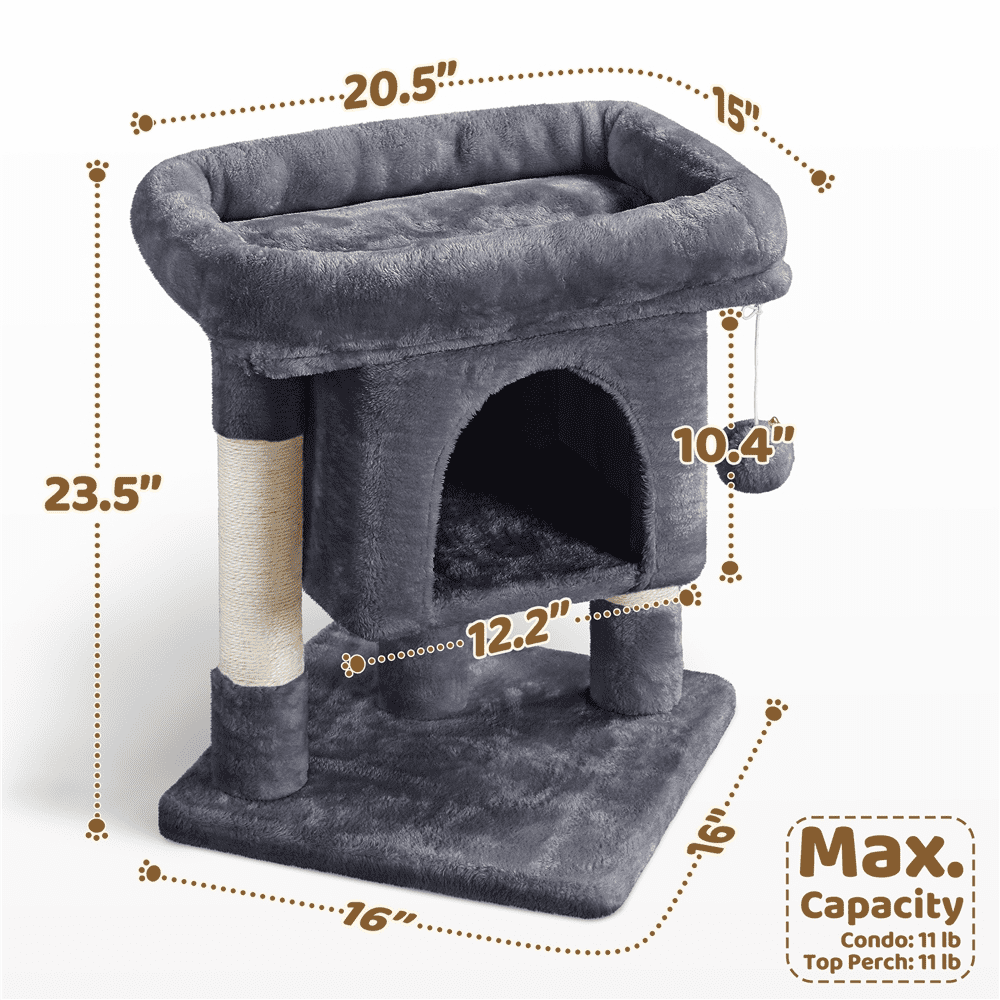 Alden Design 23.5" Tall Cat Tree Condo with Wide Perch and Scratch Posts, Dark Gray