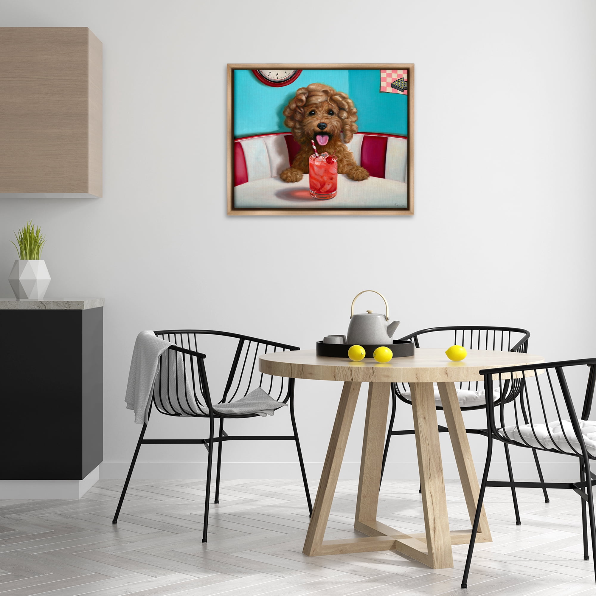 Stupell Industries Dog at Diner with Drink Food & Beverage Painting Brown Floater Framed Canvas Art Print Wall Art, 31 x 25