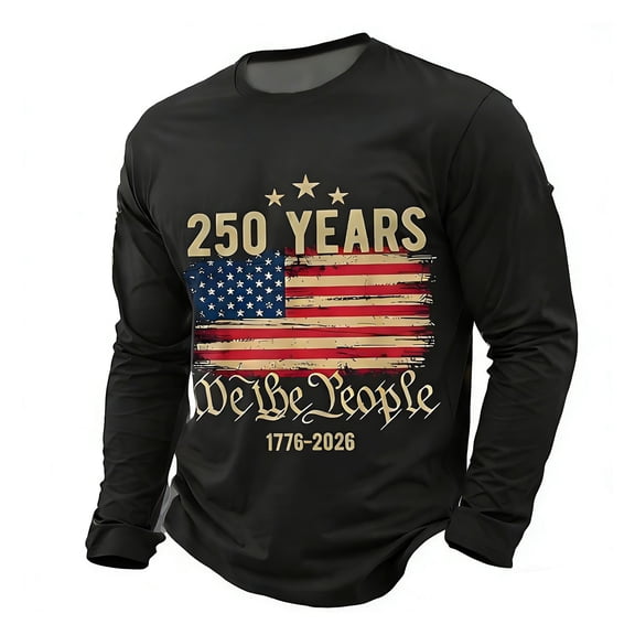 KHONTS Men's 4th of July 250th Anniversaries T Shirts Long Sleeve Crew Neck Printed Tees Slim Fit Casual Fashion Tops Black L