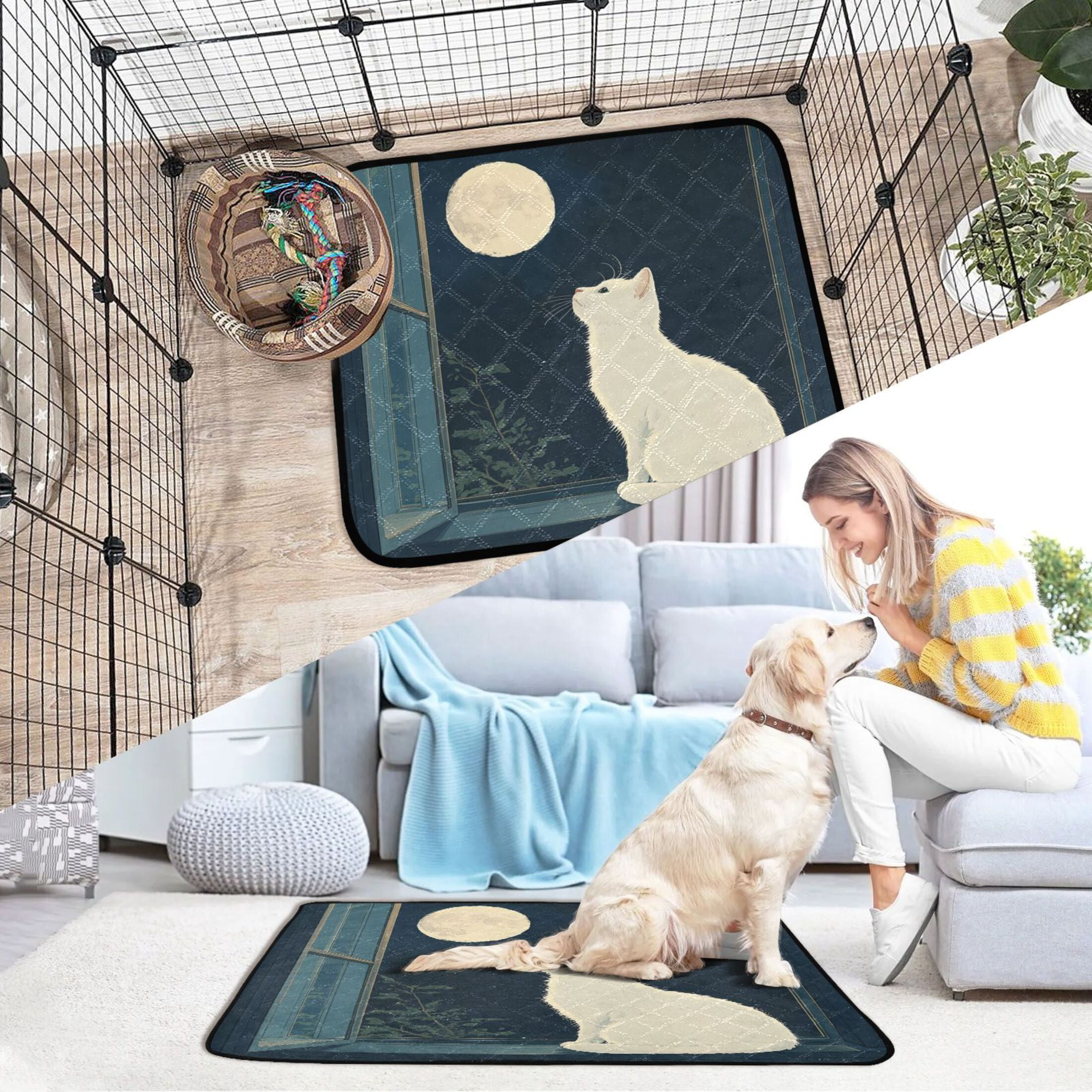 Qxltty White Cat Enjoying The Moon Cat litter Pads Pet Set of 2 Diaper Mats Center Anti-leakage Layer Absorbent Soft and Comfortable