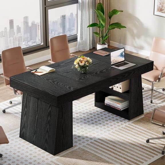 Tribesigns 4.59 ft Conference Table for 4-6 People, Rectangle Meeting Table with Storage Drawer & Shelves for Office Conference Room, Black