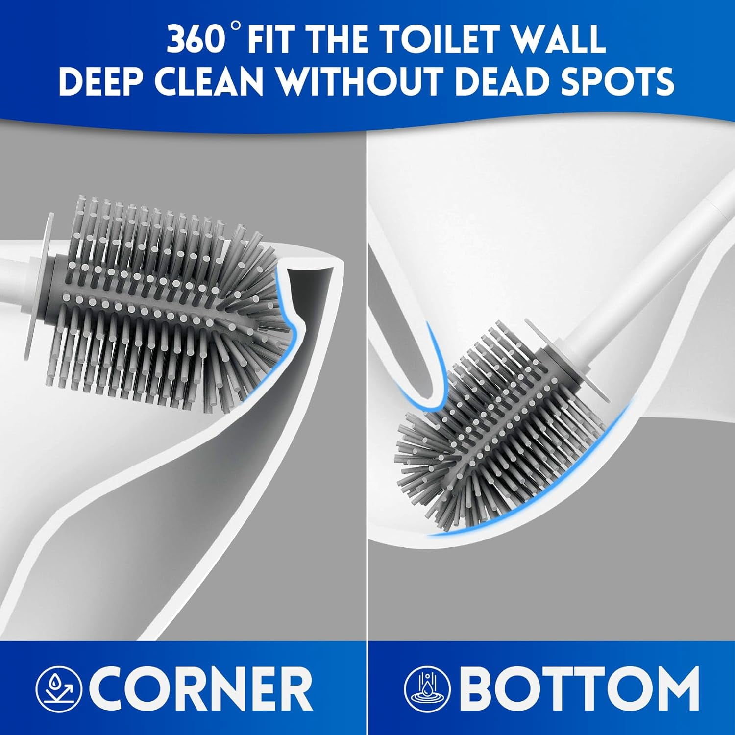 Toilet Brush and Holder Set, Silicone Toilet Bowl Brush, Bathroom Accessories, Durable Scrubber Bristles, Wall Mountable, Drip-Proof, Deep Cleaning. (White)
