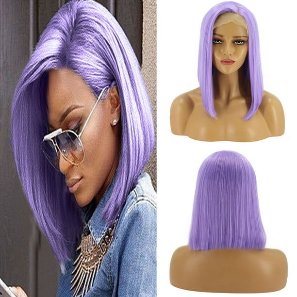 Pelucas con flequillo para mujer, peluca ondulada suelta, peluca frontal de encaje, peluca de cabello liso de longitud media, peluca morada de estilo corto, cabello largo