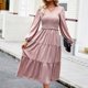 thumbnail image 3 of Vestido De Manga Farol Vestido elegante con pliegues en línea A para mujer, vestido de cintura alta, elegante vestido de viaje Ygjytge Rosa M para Mujer, 3 of 6