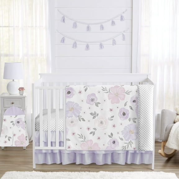 Sweet Jojo Designs Watercolor Floral Lavender Purple Grey 4 Piece Crib Bedding Set