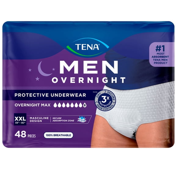 TENA Men Overnight Max Underwear, XXL, 48 Count (Waist size 55in-66in)