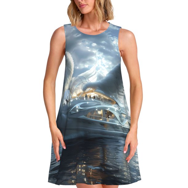 Fotbe Fantasy Swan Yacht Design Vestido de Verano sin Mangas para Mujer – Vestido Midi Línea A, Estilo Camiseta Floral, Vestido Playero Casual y Fluido