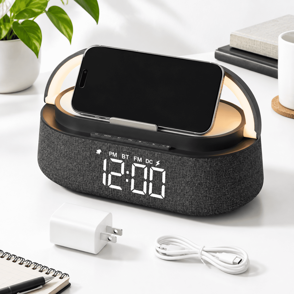 Black 6-in-1 Bedside Alarm Clock with Wireless Charging, FM Radio, and Night Light