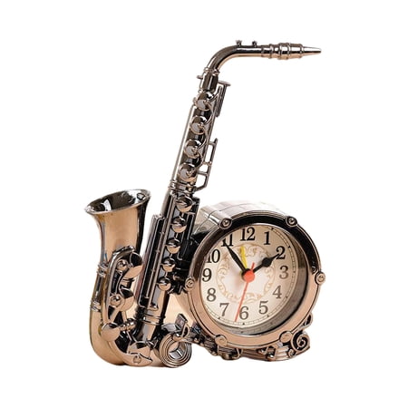 AHGQT Saxophone Alarm Clock Vintage Table Clock, Metal Vintage Bronze Finish Silent Mute Design Home Décor for Bedroom, Living Room Office, Man Cave, Music Lover Gift