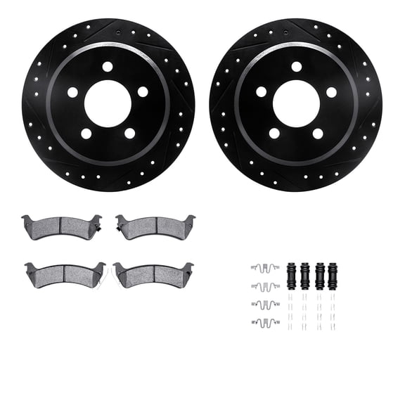 Dynamic Friction Company Rear Brake Rotors-Drilled and Slotted-Black with 5000 Advanced Brake Pads includes Hardware 8512-42059