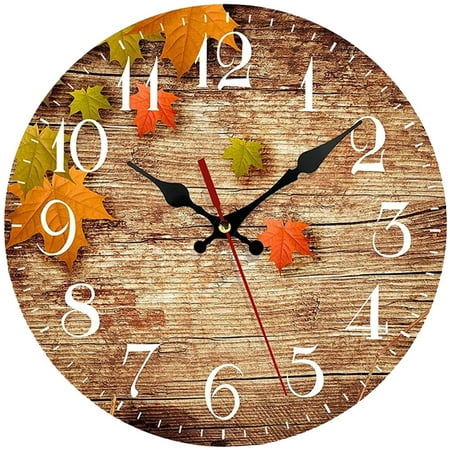 VOCOO Round Wall Clock, Silent Non-Ticking Battery Operated Clock 10 Inch, Decor for Bathroom, Bedroom, Kitchen, Office or School Leaf Wooden