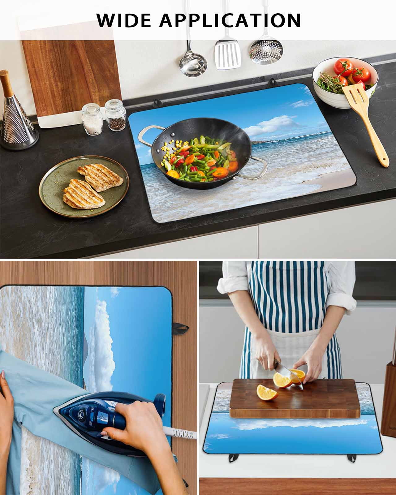 nqOlkjepod Large Induction Cooktop Protector Mat 24"x21", Beach Stove Top Covers for Electric Stove, Summer Ocean Blue Sky Sand Waves Modern Style Stove Burner Cover Mats, Glass Top Stove Cover