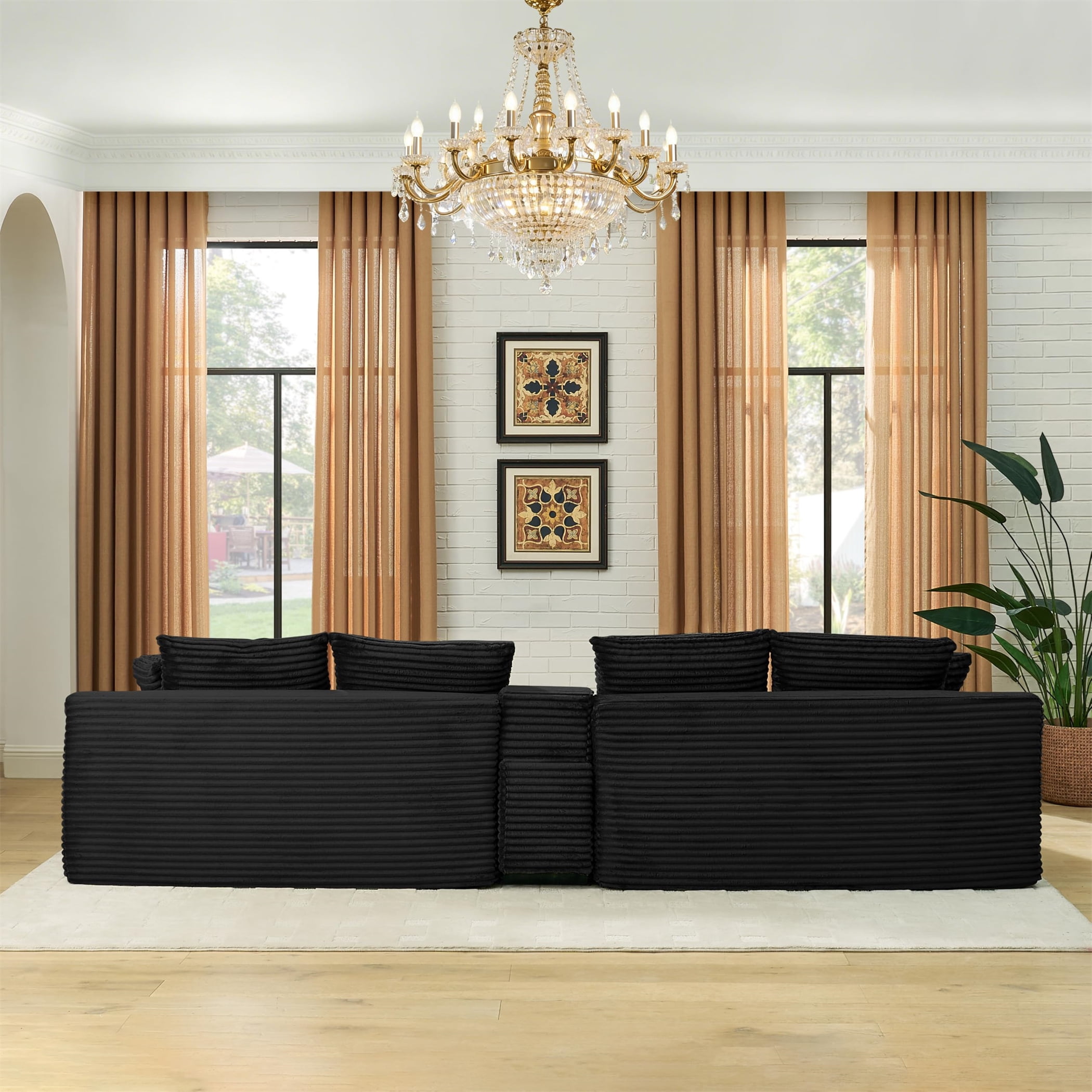 Aukfa 127" U Shaped Cloud Sectional Sofa Modular Boneless Couch with USB&Cupholdes Storage Console for Living Room, Corduroy, Black