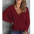 thumbnail image 2 of Suéter de punto de manga larga con cuello en V para mujer, suéter holgado informal a la moda para Otoño e Invierno con hombros descubiertos, color rojo vino L, 2 of 6