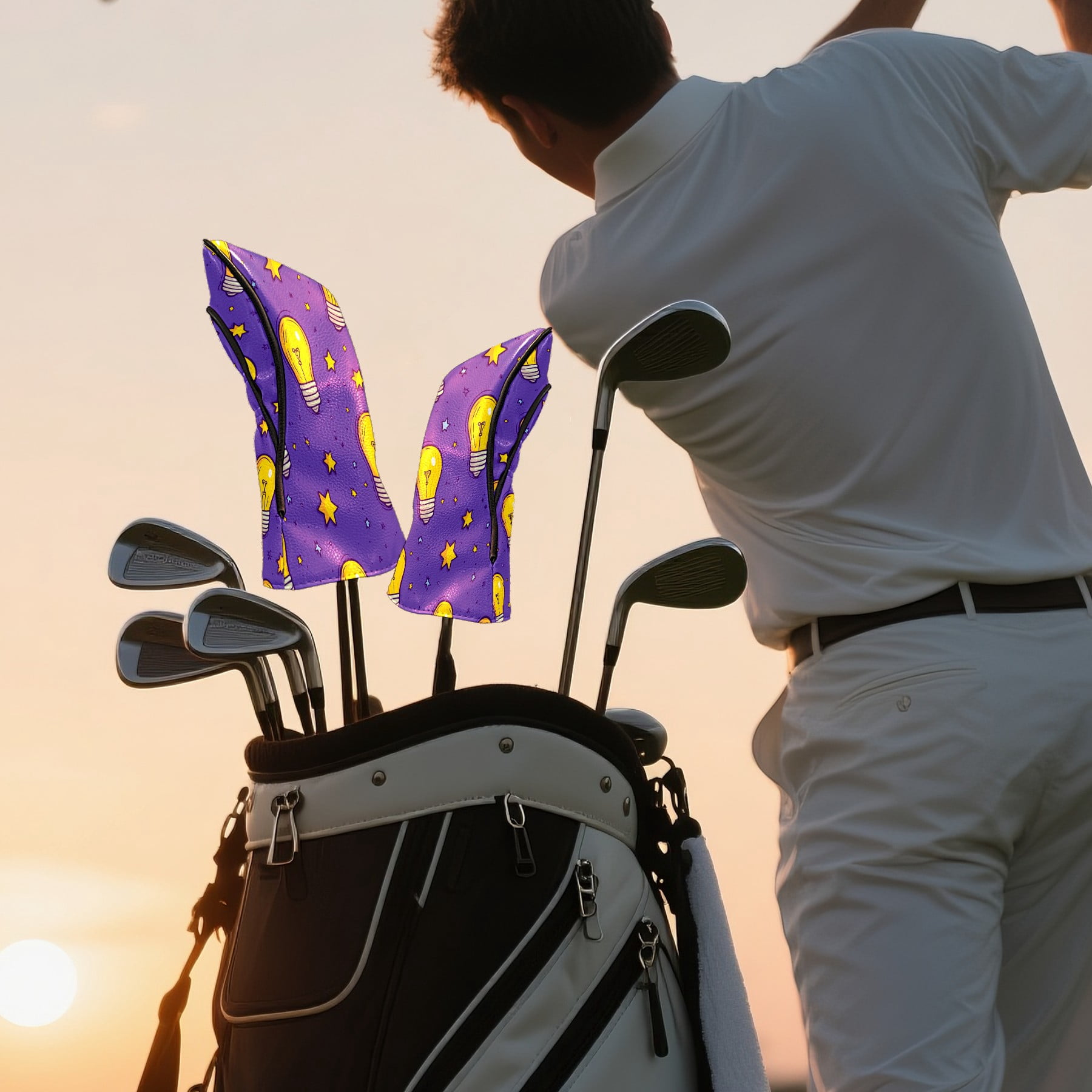 Golf Club Covers PU Leather Waterproof Head Covers for Fairway Woods Hybrids Cartoon Light Bulb Pattern