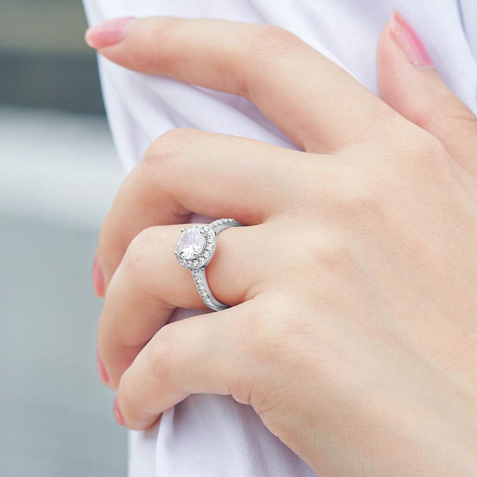 SFTING 925 Sterling Silver Bridal Solitaire Round Engagement Wedding Ring for Women Halo Zirconia 1.2CT Silver Size 8