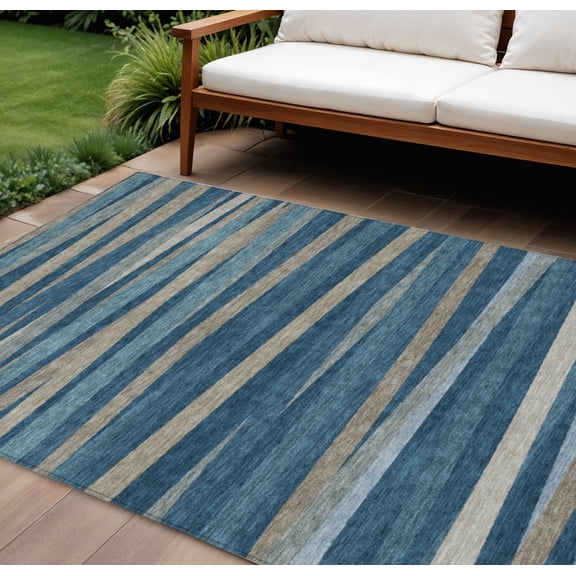 9' X 12' Denim Blue And Gray Striped Washable Indoor Outdoor Area Rug