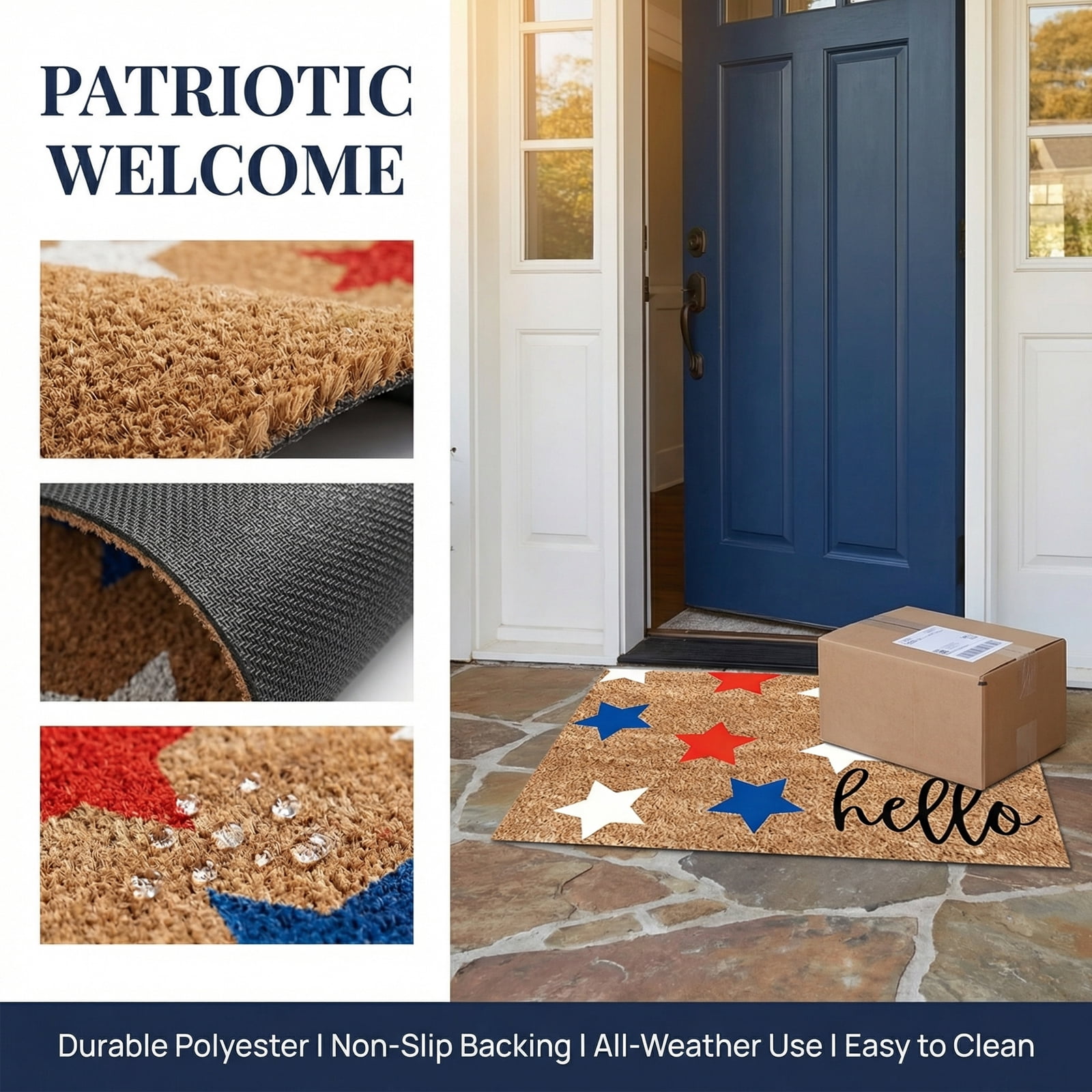 qolami 4th of July Door Mat Patriotic Outdoor Doormat Red Blue White 250th Anniversary Welcome Rug for Independence Day Porch Decor
