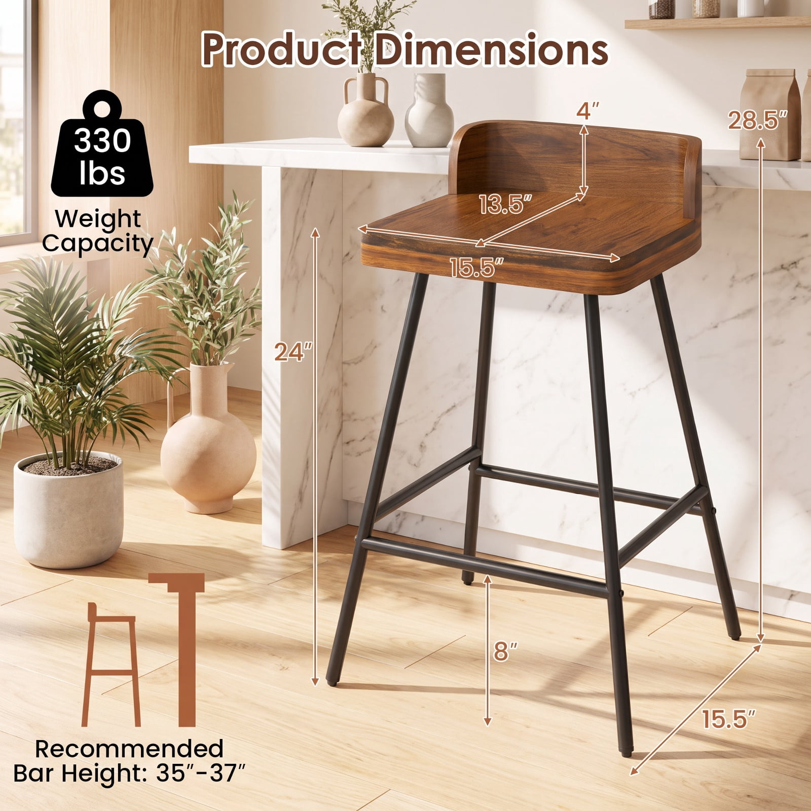 Furnibear Set of 2 Counter Height Bar Stool with Low Back Metal Legs and Footrest for Kitchen Island for Kitchen Island Counter Bar Pub Dining, Brown