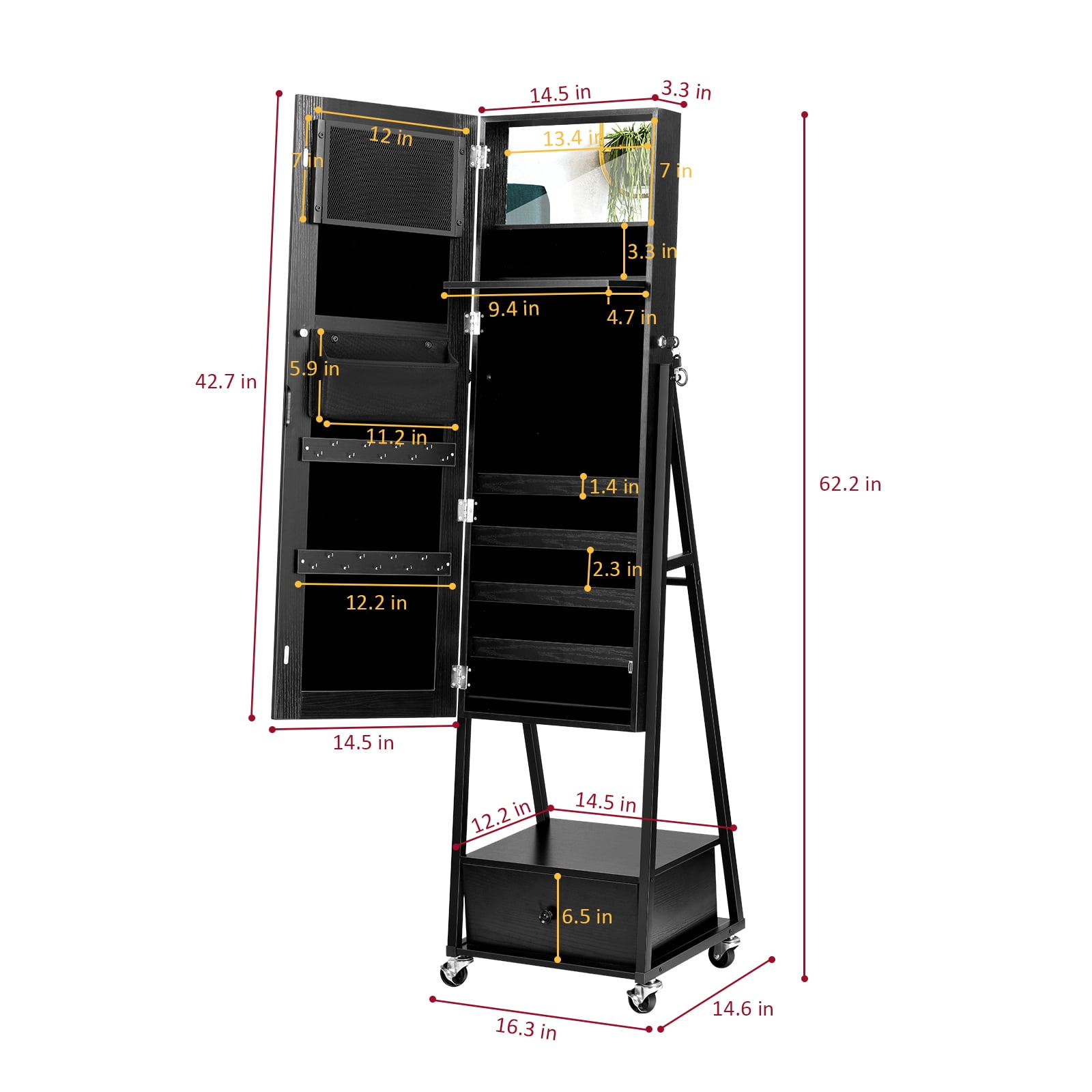 Freestanding Jewelry Armoire with Full Length Mirror, Lockable Organizer Cabinet with Drawer & Wheels, Black, High Capacity, Budget-Friendly for Small Bedrooms