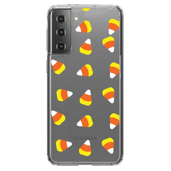 DistinctInk Clear Shockproof Hybrid Case for Galaxy S21  PLUS 5G (6.7" Screen) - TPU Bumper, Acrylic Back, Tempered Glass Screen Protector - Repeating Candy Corn