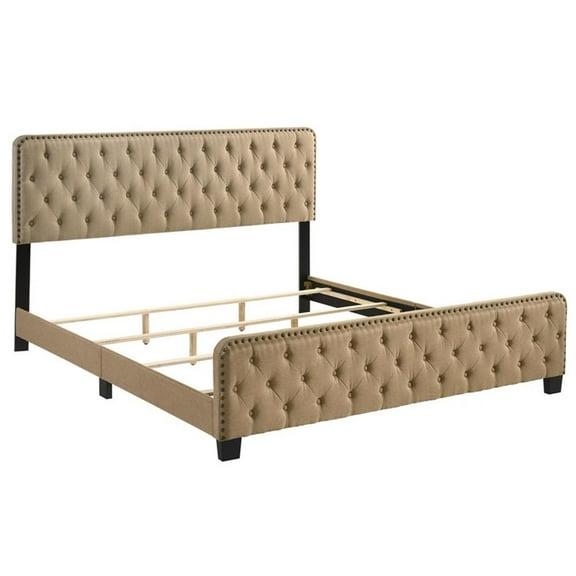 Pemberly Row Modern Brown Button Tufted Queen Upholstered Wood Bed