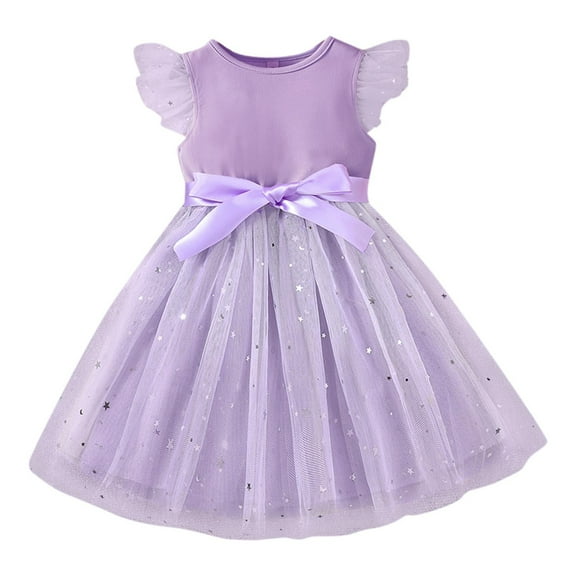Sngxgn Girls Dresses Solid Color Tie Back Long Sleeve Ruffle Hem Casual Elegant Little Girl Dresses(Purple,120)