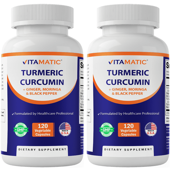 Vitamatic Turmeric Curcumin Supplement – Plant-Based Botanical Extract with Black Pepper, Ginger & Moringa – Vegetarian, Non-GMO, Gluten-Free – 120 Capsules - 2 pack