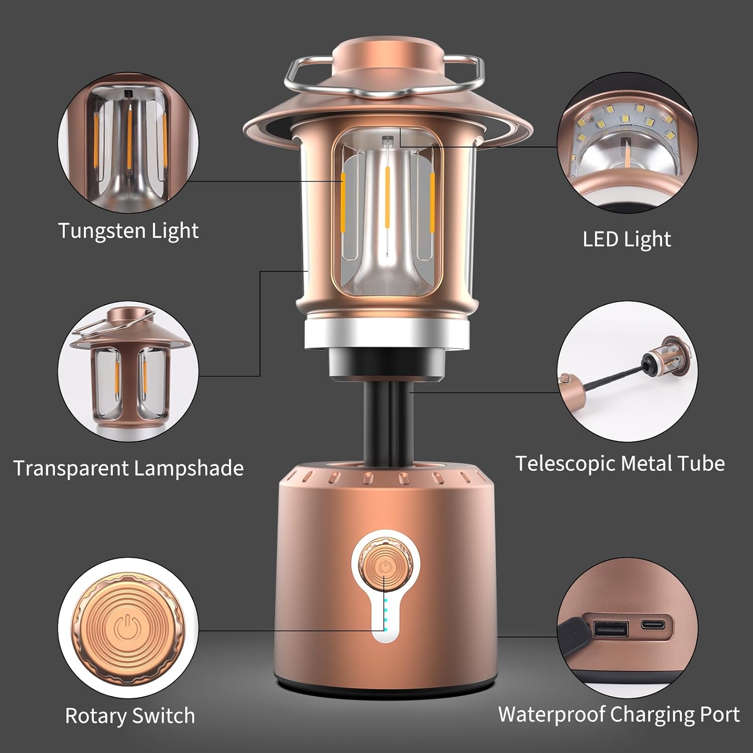 Telescopic Camping Lantern, 8000mAh Camping Lights Rechargeable with 3 Light Modes, Waterproof & Impact-Resistant Tent Lights, LED Lantern for Power Outages, Emergency, Hiking, Hurricane(Copper)