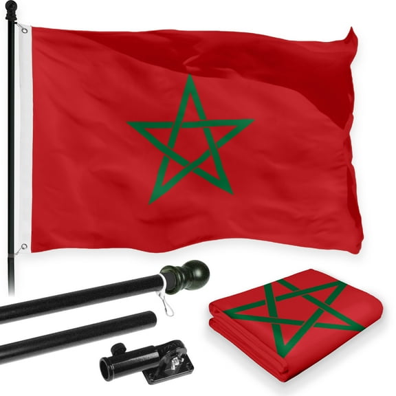 G128 Combo Pack: 6 Feet Tangle Free Spinning Flagpole (Black) Morocco Moroccan Flag 3x5 ft Printed 150D Brass Grommets (Flag Included) Aluminum Flag Pole