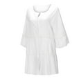 thumbnail image 5 of Women's Plus Size Babydoll Oversize Long Bouse Mini Dress Lady Work Blouses Dressy Vintage Solid Color Eyelet Tees Summer Tops Woman 3/4 Sleeve Western Shirts Button Down V Neck T Shirt Tunic White M, 5 of 9
