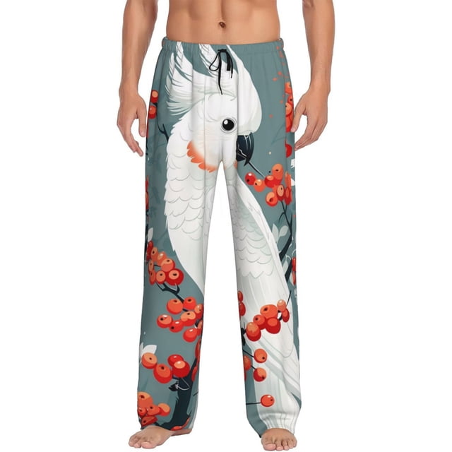 Fotbe Cockatoo Red Berries Pantalones de Pijama para Hombre, Pantalones de Dormir, Pantalones de Casa con Cintura Ajustable y Bolsillos-Medium