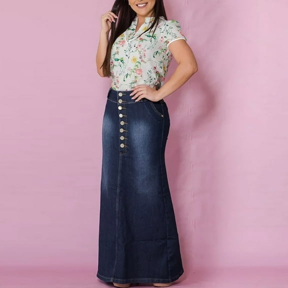 Cavosen Jean Skirts for Women Long Below Ankle Length Mermaid Skirts Denim Slim Skirts Solid Color Pencil Skirts Dress Front Button up Athletic Beachwear Resortwear Blue S