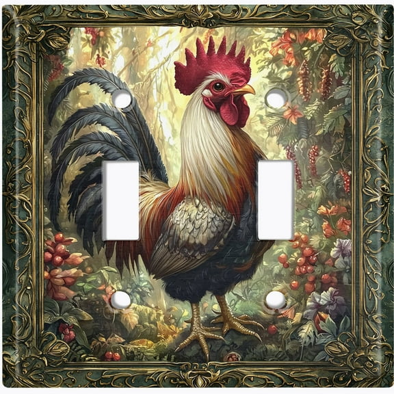 Metal Light Switch Wall Plate Outlet Cover (Printed Image of Rooster in Forest - Double Toggle)