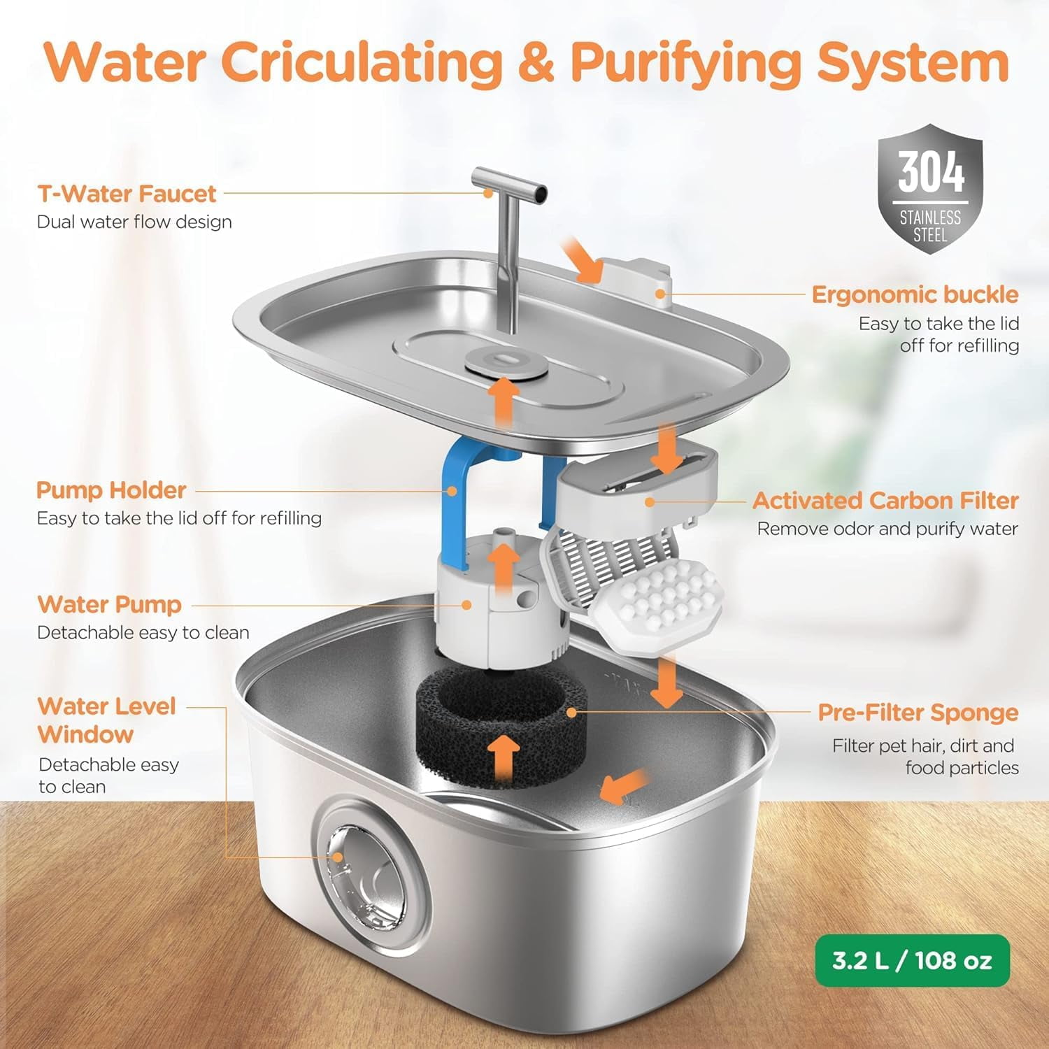 Cat Water Fountain Stainless Steel: 108oz/3.2L Pet Water Fountain, Water Fountain for Cats Inside with Water Level Window
