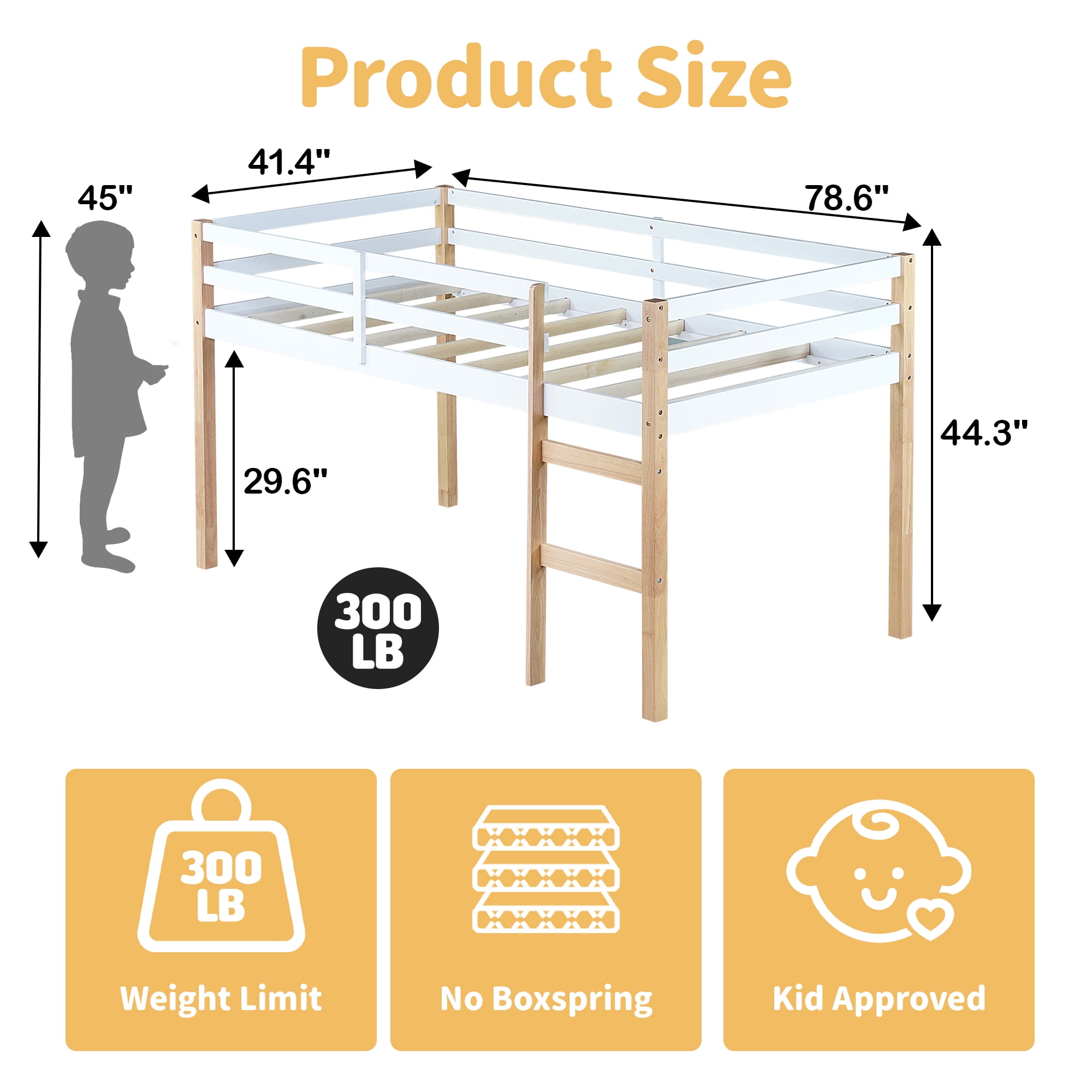 Alvantor Twin Loft Bed for Kids Wood Bed with Stairs, Natural+White