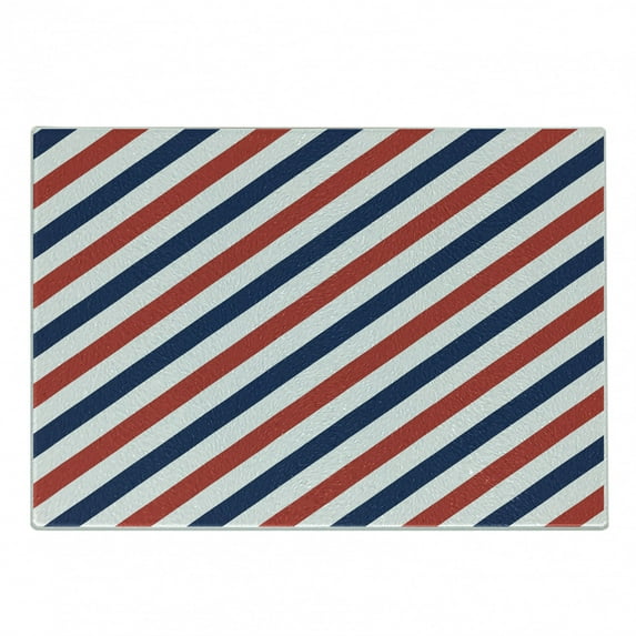 Harbour Stripe Cutting Board, Vintage Barber Pole Helix of Colored Stripes Medieval Contrast Design, Decorative Tempered Glass Cutting and Serving Board, Small Size, Blue Red White, by Ambesonne