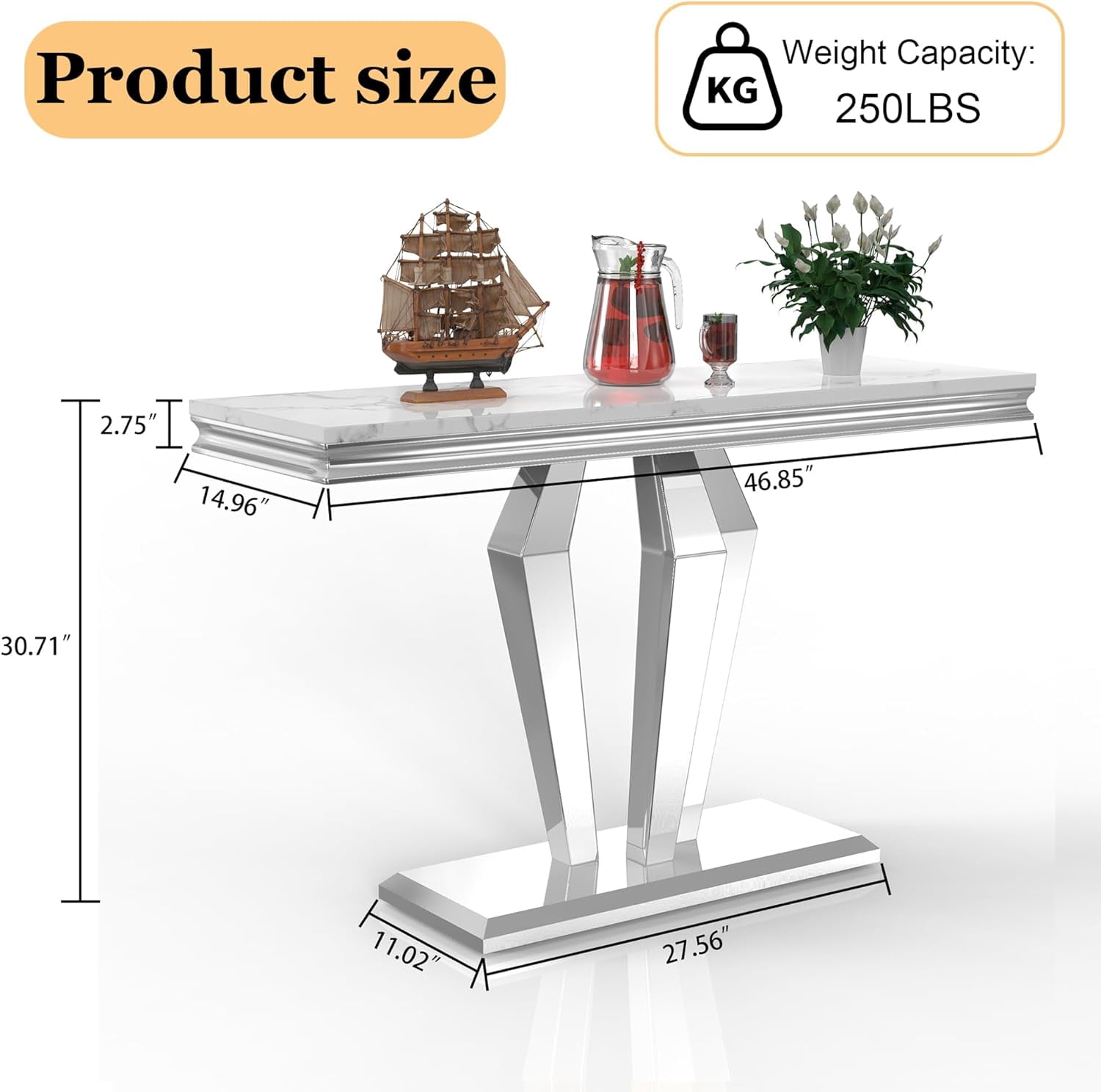 47" Modern Faux Marble Console Table, Rectangular Top & Diamond-Shaped Stainless Steel Base, Narrow Entryway Table for Entrance, Hallway, Foyer, or Living Room