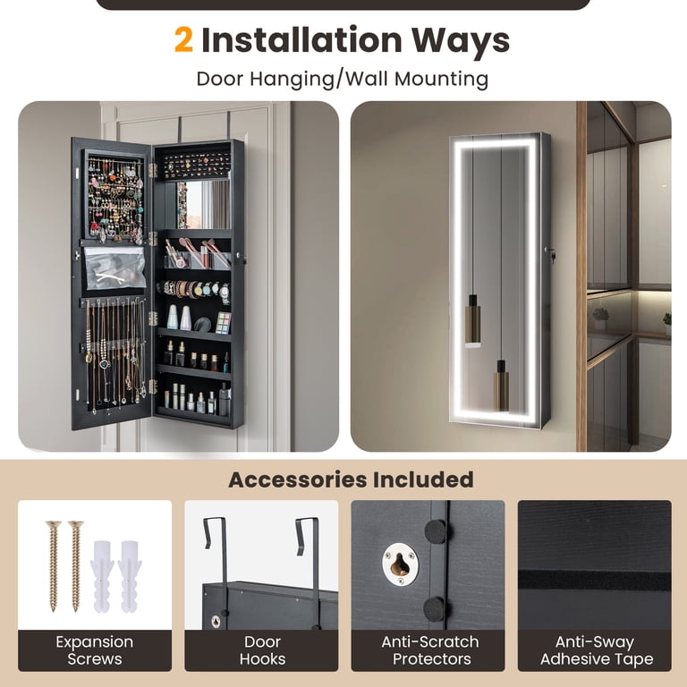Costway LED Mirror Jewelry Cabinet, Standing Full Length Black