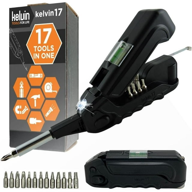 Kelvin Tools - Kelvin 17 Urban Screwdriver Set, All in One Everyday Multitool Screwdriver, Multi-Tip, Compact & Universal Precision, 13 Bit Set with Tape Measure, Liquid Level, Hammer and Flashlight
