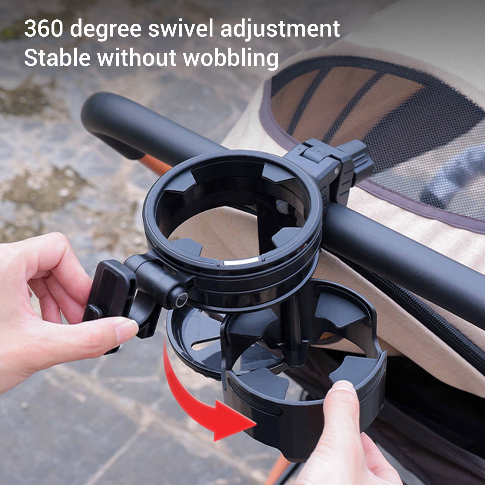 Xirurus 3-in-1 Stroller Cup Holder with Hook, Universal Double Bottle Holder 360 Degree Adjustable for Bike, Wheelchair, Walker and Treadmill, Black (7.87 x 4.72 in / 20 x 12 cm)