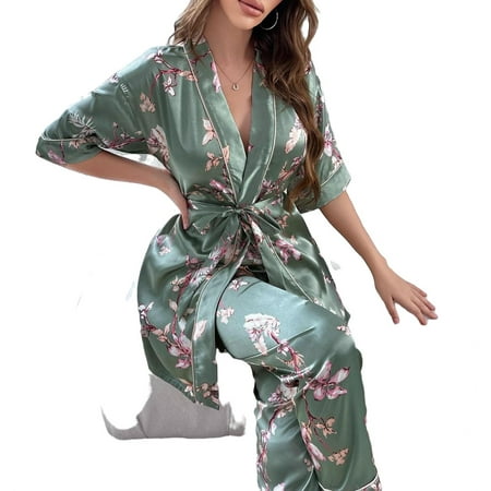 

Elegant Floral Shawl Collar Pant Sets Multicolor Elbow-Length Women Pajama Sets S