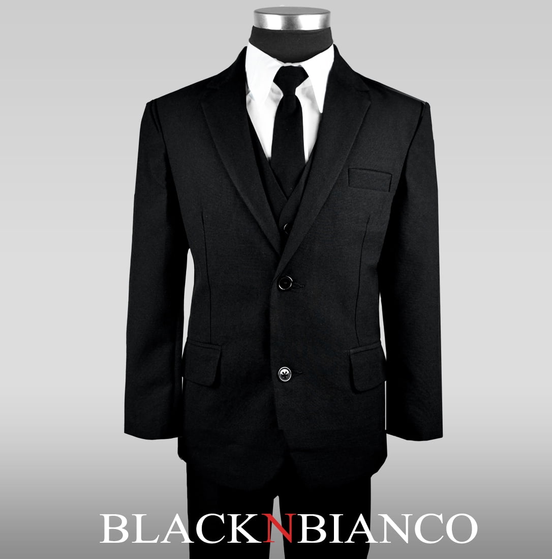 Black n Bianco Boys Solid Suit and Tie Formal Outift