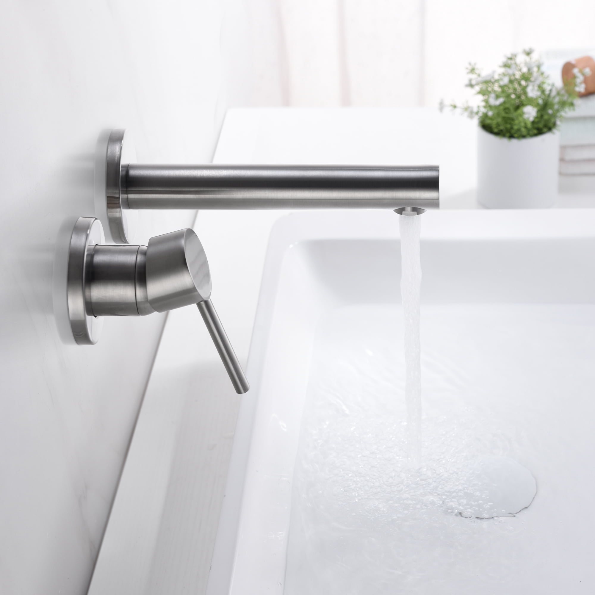 sumerain Single Handle Left-Handed Wall Mount Bathroom Faucet Brushed Nickel Lavatory Basin Faucet