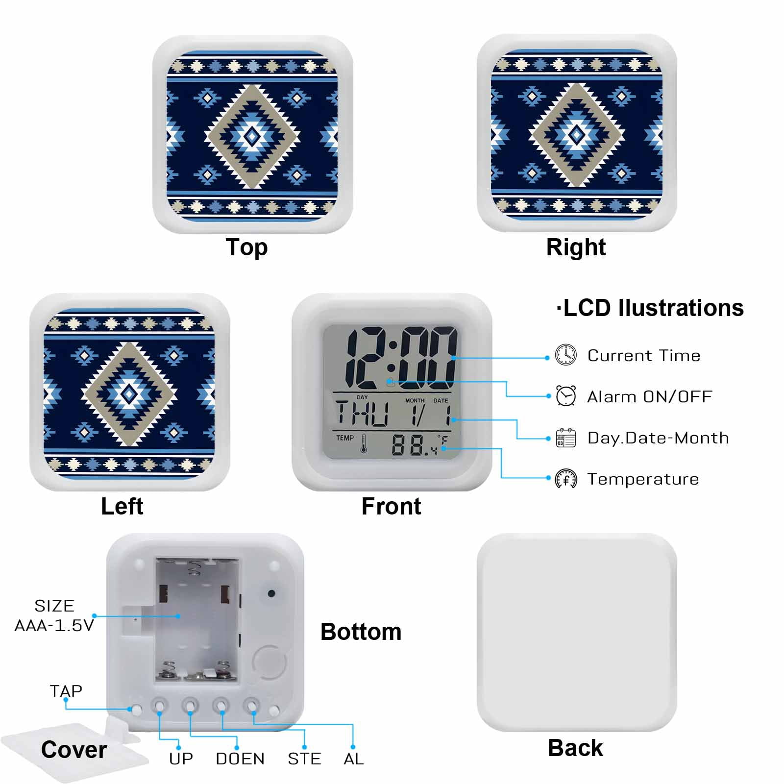 Alarm Clocks Blue Tribal Geometric Digital Clock 7 Color LED Night Light Silent Non-Ticking Battery Operated Boho Vintage Native Abstract Cube Clocks for Bedroom Bedside Living Room Office School