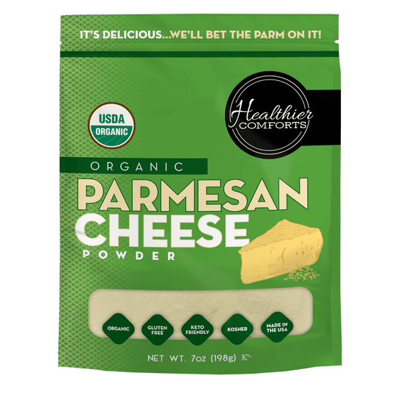 Healthier Comforts Organic Parmesan Cheese Powder 7 oz | Gluten Free, Kosher, Keto-Friendly, Non-GMO, Antibiotic & Hormone Free | Perfect for Popcorn Seasoning, Pasta, Pizza & Sauces