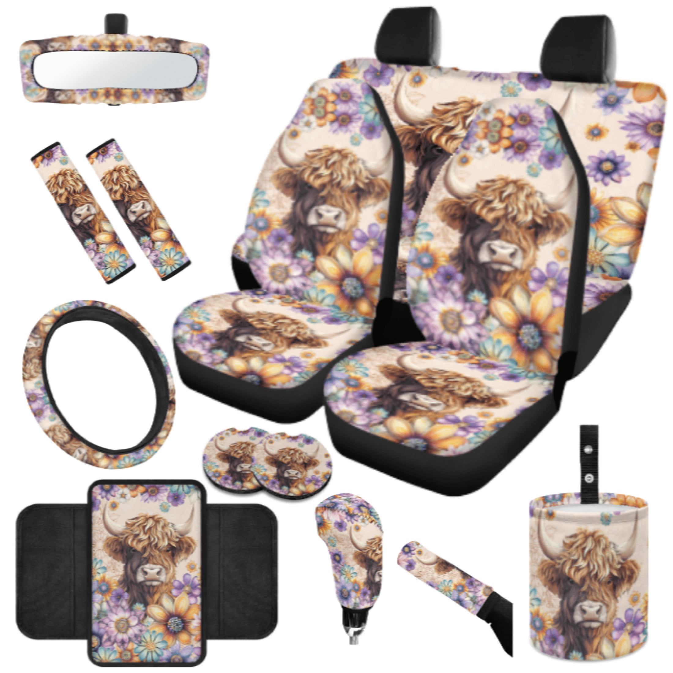 HUIACONG Car Interior Accessory Kit, with Car Cup Coasters Rearview Mirror Protector Car Seatbelt Shoulder Strap Cover, Calf Floral Design Quick Install Personalized