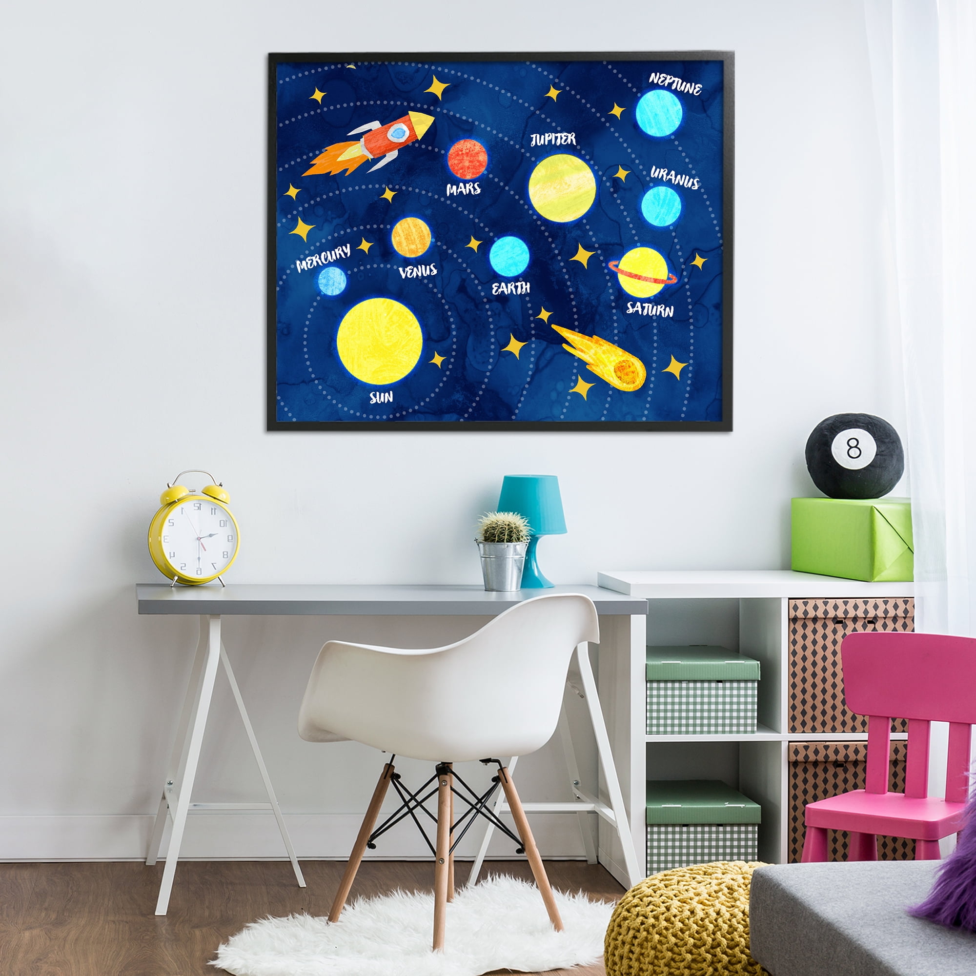 Rocket Across Solar System Black Framed Giclee Art, design by Daphne Polselli