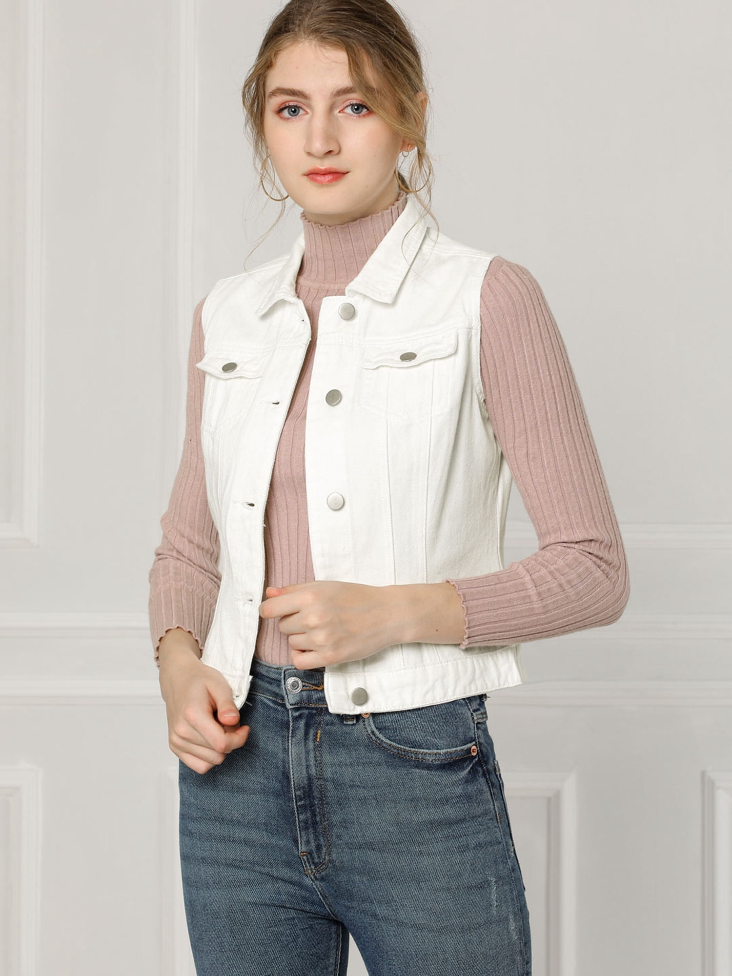 DARING DIVA Women's Denim Sleeveless Flap Pockets Vest Jacket 3XL White