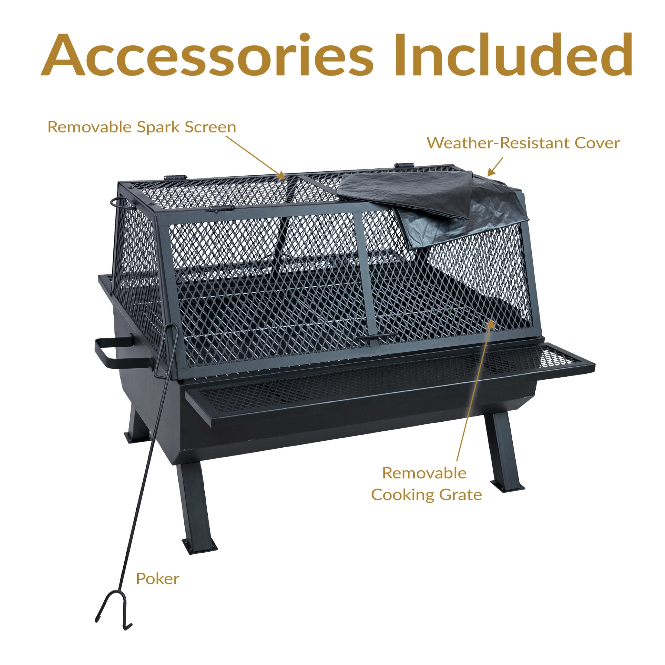 Sunnydaze 36.5" x 32.5" Rectangle Wood-Burning Steel Outdoor Fire Pit with Grill and Spark Screen